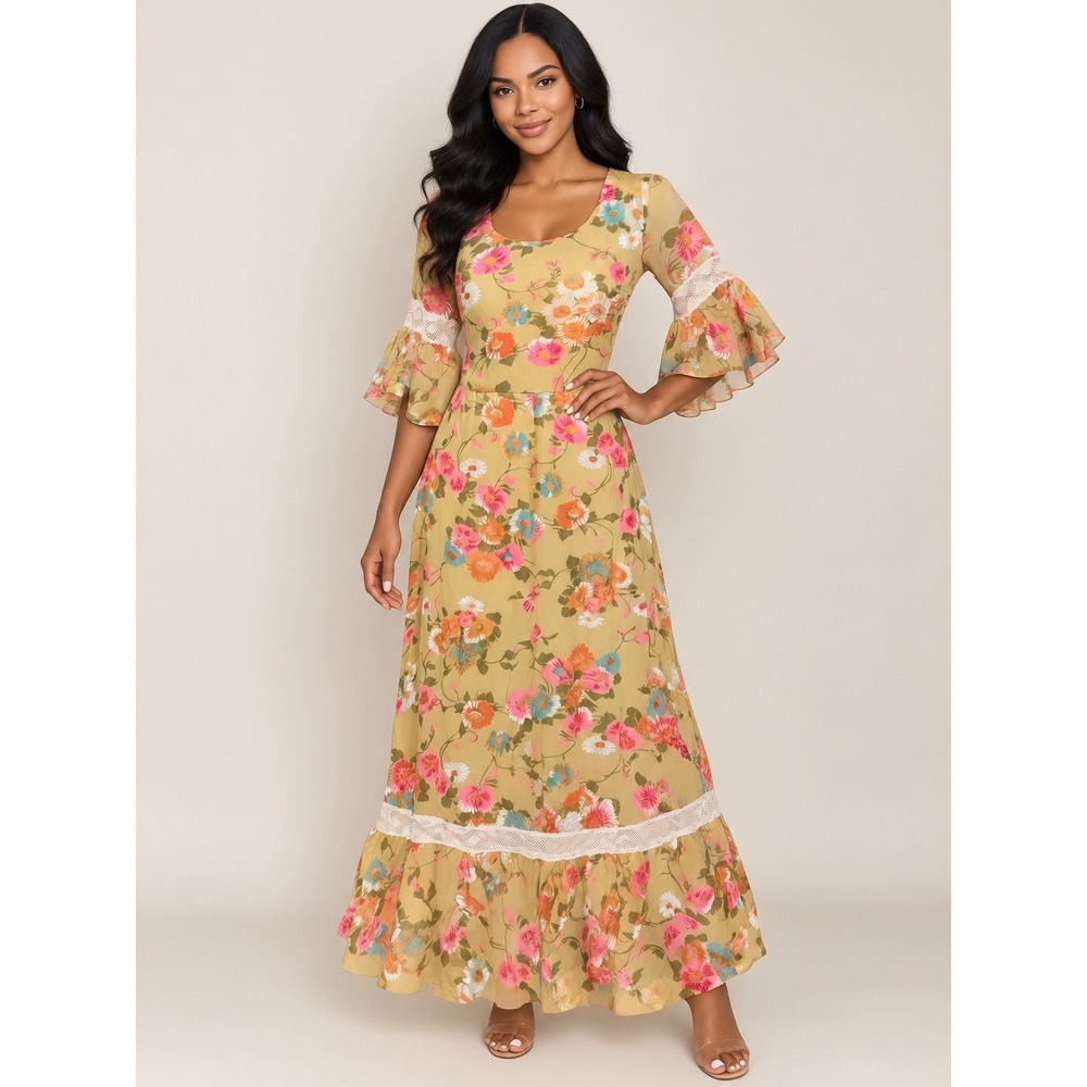 Vtg Ceeb of Miami Floral Maxi Dress Lace Bell Sleeve Yellow 70s Boho Sz 8(S)